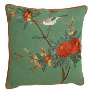 Cuscino decorativo con ricamato fiori, foglie e uccellino