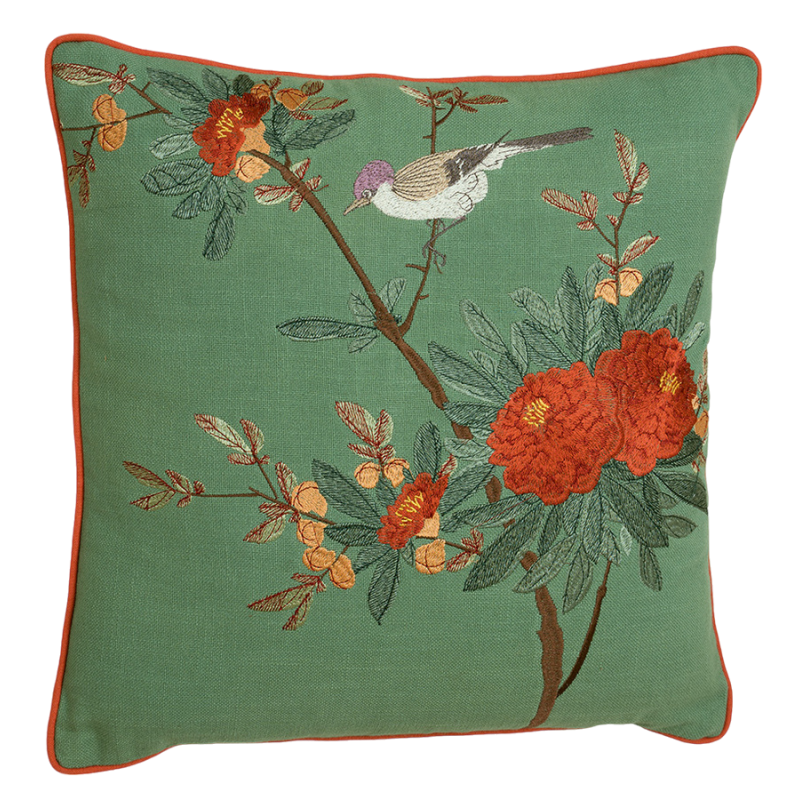 Cuscino decorativo con ricamato fiori, foglie e uccellino
